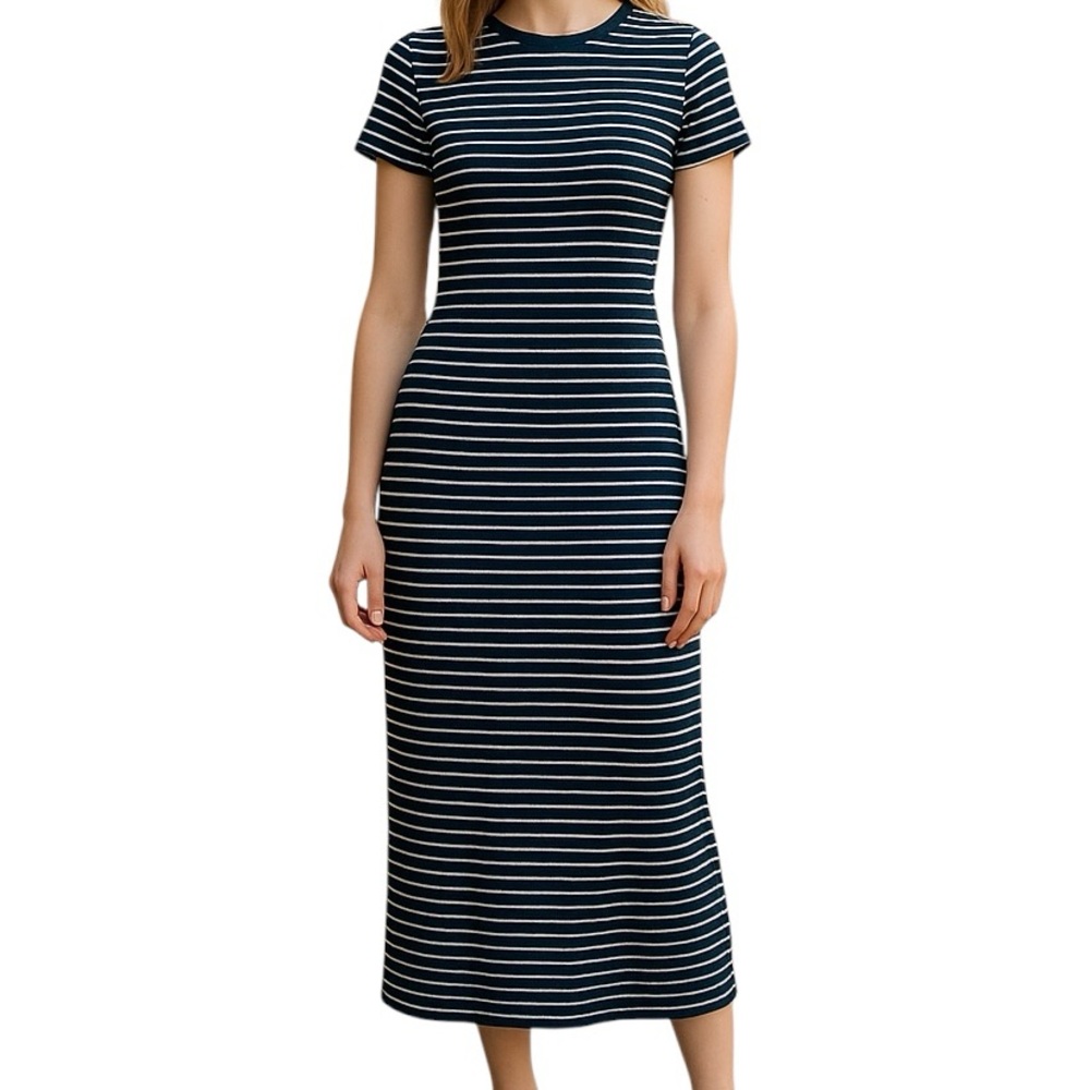 Michael Kors COLLECTION Navy Blue and White Stripe Sequin Silk Maxi Dres…